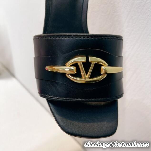 Good Quality Valentino The Bold Edition VLogo Heel Slides Sandal in Calfskin Black 612039