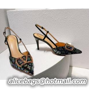 Stylish Valentino VLogo Slingback Pumps 8cm in Toile Iconographe Strass Black/Multicolor 612040