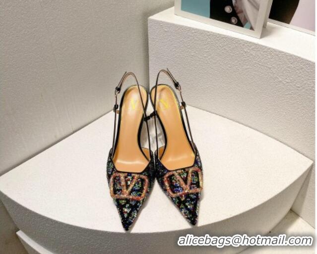 Stylish Valentino VLogo Slingback Pumps 8cm in Toile Iconographe Strass Black/Multicolor 612040