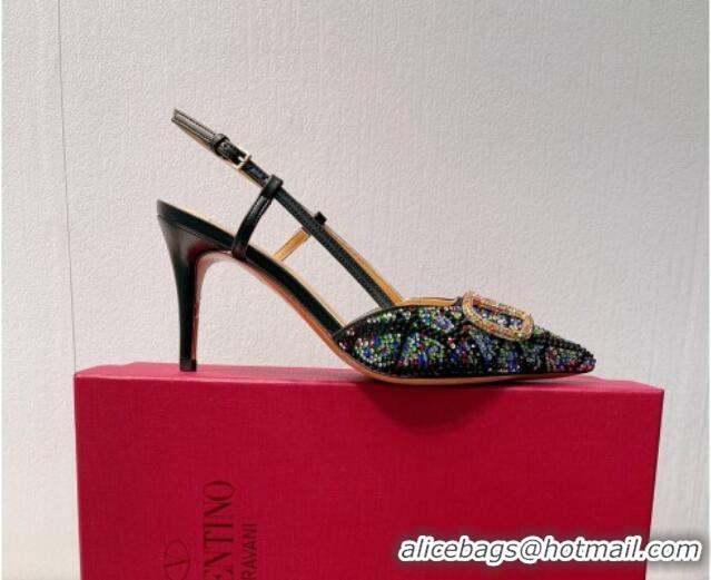 Stylish Valentino VLogo Slingback Pumps 8cm in Toile Iconographe Strass Black/Multicolor 612040