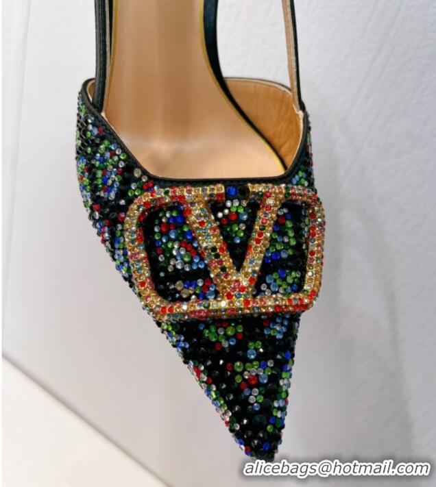 Stylish Valentino VLogo Slingback Pumps 8cm in Toile Iconographe Strass Black/Multicolor 612040