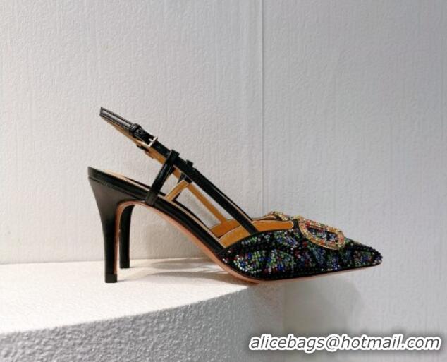 Stylish Valentino VLogo Slingback Pumps 8cm in Toile Iconographe Strass Black/Multicolor 612040