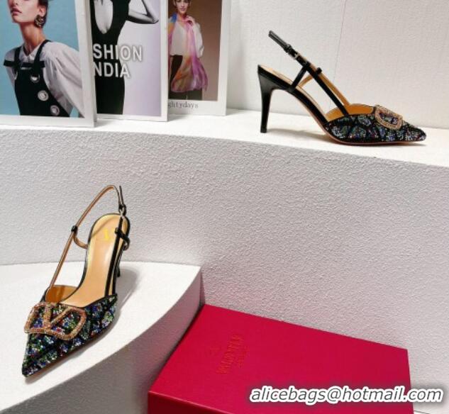 Stylish Valentino VLogo Slingback Pumps 8cm in Toile Iconographe Strass Black/Multicolor 612040