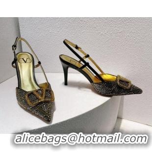 Sumptuous Valentino VLogo Slingback Pumps 8cm in Toile Iconographe Strass Gold/Blue 612041