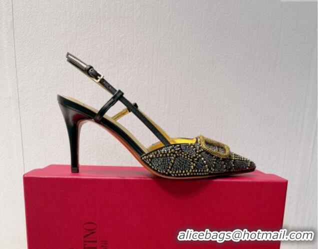 Sumptuous Valentino VLogo Slingback Pumps 8cm in Toile Iconographe Strass Gold/Blue 612041