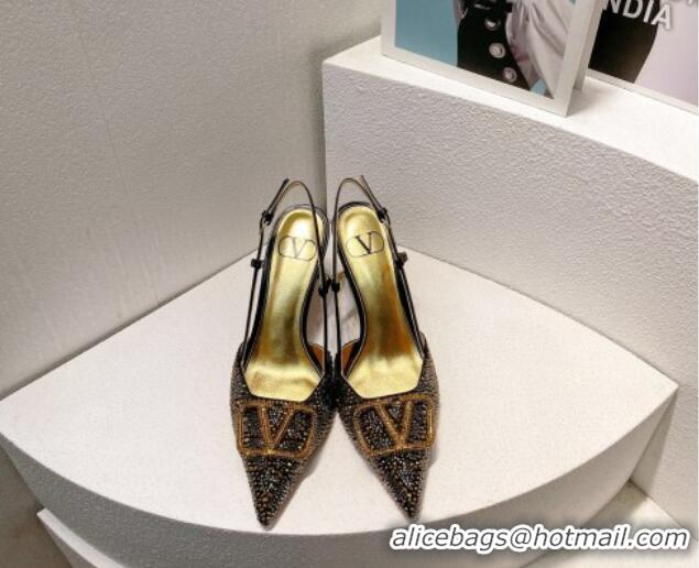 Sumptuous Valentino VLogo Slingback Pumps 8cm in Toile Iconographe Strass Gold/Blue 612041