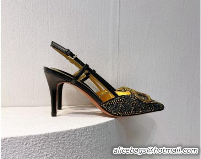 Sumptuous Valentino VLogo Slingback Pumps 8cm in Toile Iconographe Strass Gold/Blue 612041