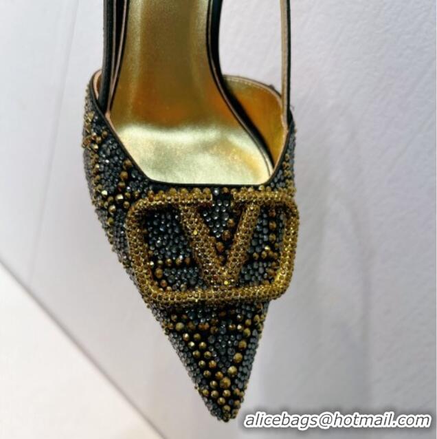 Sumptuous Valentino VLogo Slingback Pumps 8cm in Toile Iconographe Strass Gold/Blue 612041