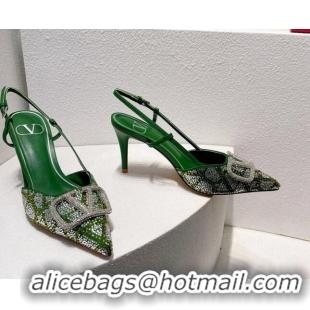 Good Looking Valentino VLogo Slingback Pumps 8cm in Toile Iconographe Strass Green/Silver 612042