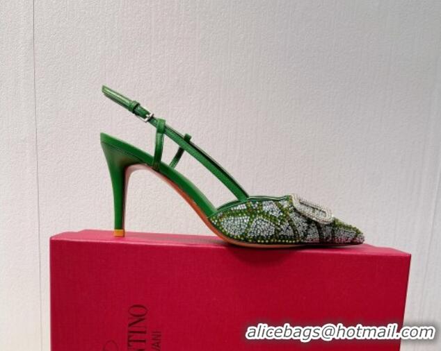 Good Looking Valentino VLogo Slingback Pumps 8cm in Toile Iconographe Strass Green/Silver 612042