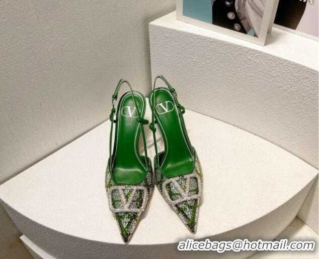 Good Looking Valentino VLogo Slingback Pumps 8cm in Toile Iconographe Strass Green/Silver 612042