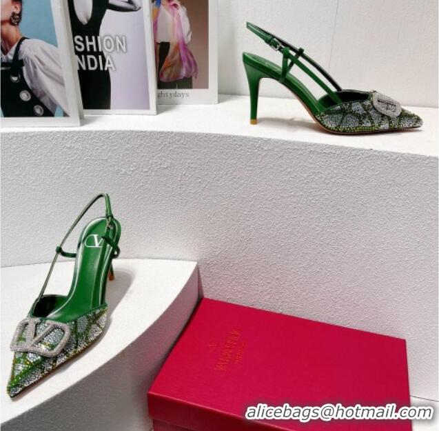 Good Looking Valentino VLogo Slingback Pumps 8cm in Toile Iconographe Strass Green/Silver 612042