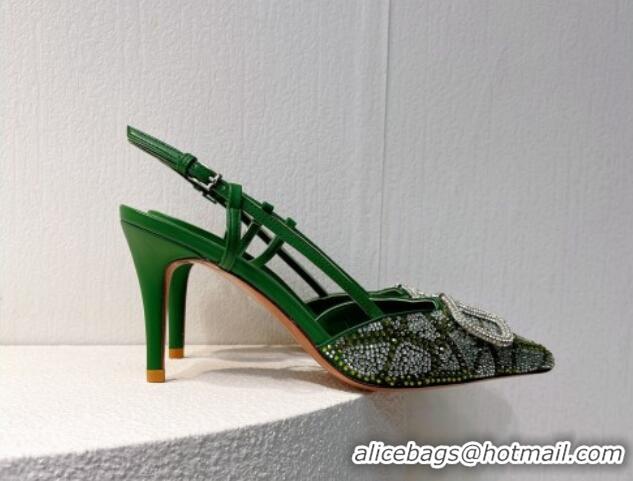 Good Looking Valentino VLogo Slingback Pumps 8cm in Toile Iconographe Strass Green/Silver 612042