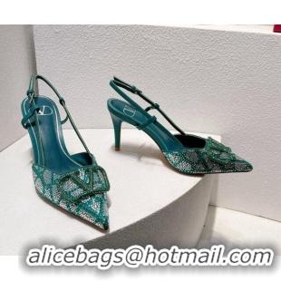 Low Cost Valentino VLogo Slingback Pumps 8cm in Toile Iconographe Strass Blue/Green 612043