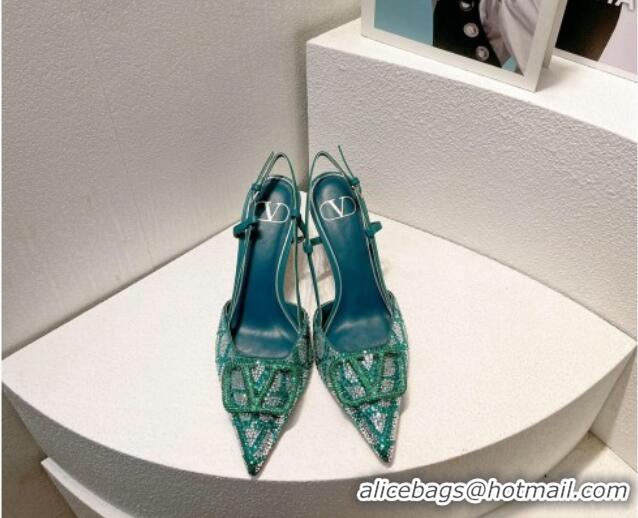 Low Cost Valentino VLogo Slingback Pumps 8cm in Toile Iconographe Strass Blue/Green 612043