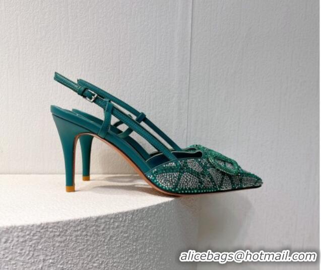 Low Cost Valentino VLogo Slingback Pumps 8cm in Toile Iconographe Strass Blue/Green 612043