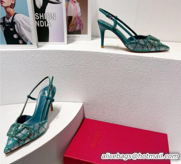 Low Cost Valentino VLogo Slingback Pumps 8cm in Toile Iconographe Strass Blue/Green 612043