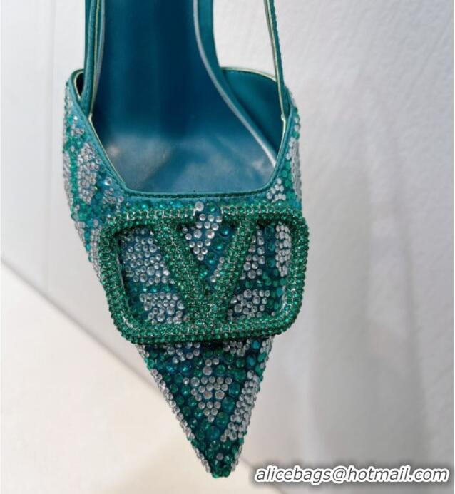 Low Cost Valentino VLogo Slingback Pumps 8cm in Toile Iconographe Strass Blue/Green 612043