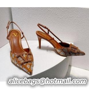 Buy Luxury Valentino VLogo Slingback Pumps 8cm in Toile Iconographe Strass Brown/Silver 612044