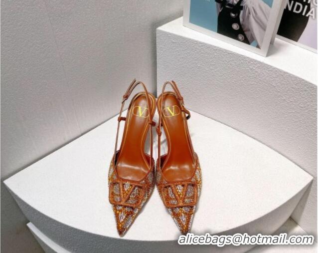 Buy Luxury Valentino VLogo Slingback Pumps 8cm in Toile Iconographe Strass Brown/Silver 612044