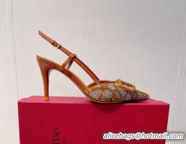 Buy Luxury Valentino VLogo Slingback Pumps 8cm in Toile Iconographe Strass Brown/Silver 612044