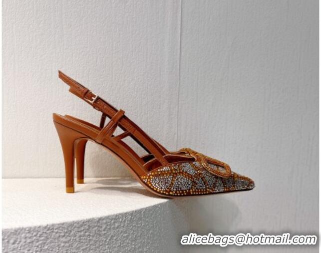 Buy Luxury Valentino VLogo Slingback Pumps 8cm in Toile Iconographe Strass Brown/Silver 612044