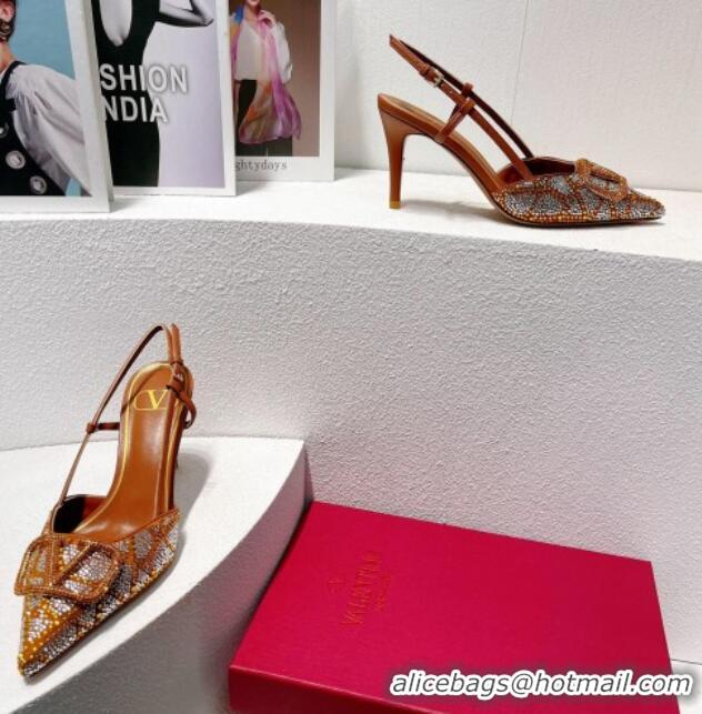 Buy Luxury Valentino VLogo Slingback Pumps 8cm in Toile Iconographe Strass Brown/Silver 612044