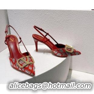 Pretty Style Valentino VLogo Slingback Pumps 8cm in Toile Iconographe Strass Red/Silver 612045