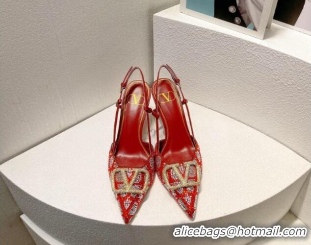 Pretty Style Valentino VLogo Slingback Pumps 8cm in Toile Iconographe Strass Red/Silver 612045