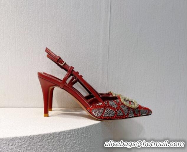 Pretty Style Valentino VLogo Slingback Pumps 8cm in Toile Iconographe Strass Red/Silver 612045