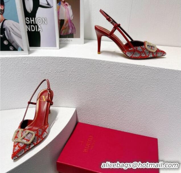 Pretty Style Valentino VLogo Slingback Pumps 8cm in Toile Iconographe Strass Red/Silver 612045