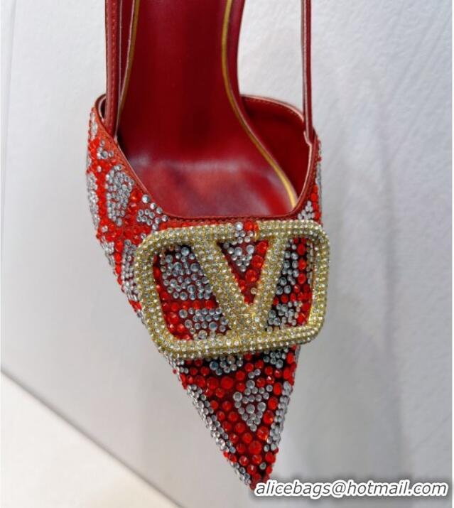 Pretty Style Valentino VLogo Slingback Pumps 8cm in Toile Iconographe Strass Red/Silver 612045