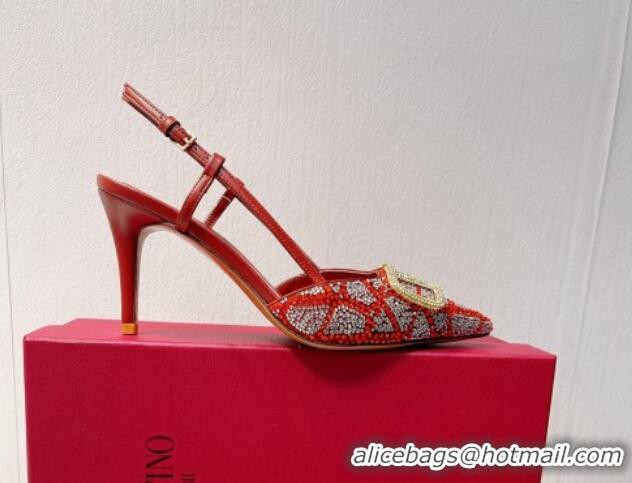 Pretty Style Valentino VLogo Slingback Pumps 8cm in Toile Iconographe Strass Red/Silver 612045