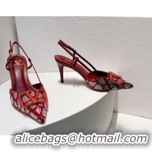 Cheapest Valentino VLogo Slingback Pumps 8cm in Toile Iconographe Strass Burgundy 612046