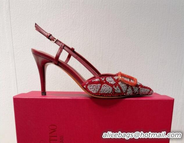 Cheapest Valentino VLogo Slingback Pumps 8cm in Toile Iconographe Strass Burgundy 612046