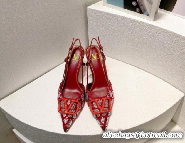 Cheapest Valentino VLogo Slingback Pumps 8cm in Toile Iconographe Strass Burgundy 612046