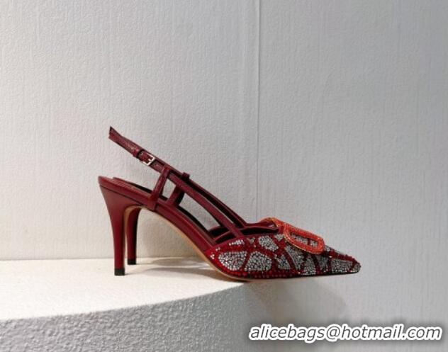 Cheapest Valentino VLogo Slingback Pumps 8cm in Toile Iconographe Strass Burgundy 612046