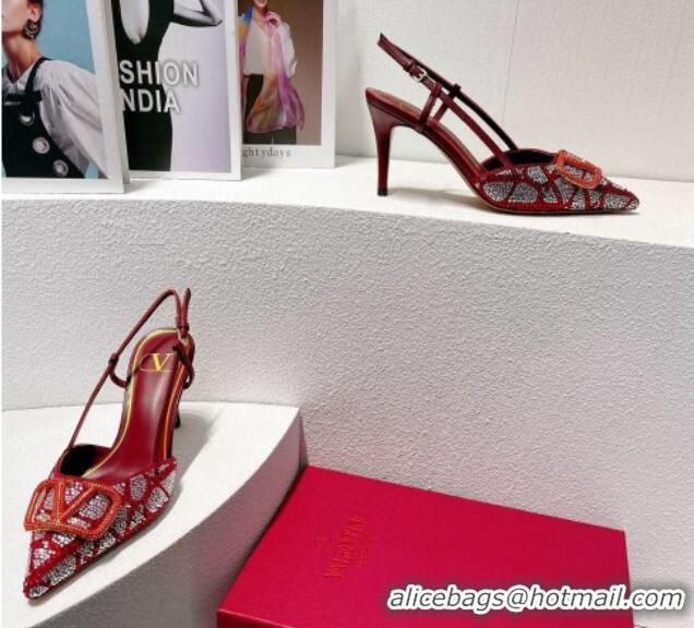 Cheapest Valentino VLogo Slingback Pumps 8cm in Toile Iconographe Strass Burgundy 612046