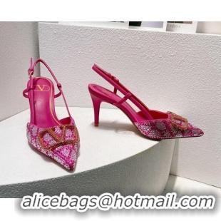 Luxury Valentino VLogo Slingback Pumps 8cm in Toile Iconographe Strass Dark Pink 612047