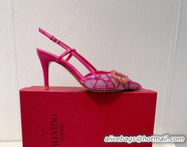 Luxury Valentino VLogo Slingback Pumps 8cm in Toile Iconographe Strass Dark Pink 612047