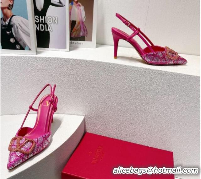 Luxury Valentino VLogo Slingback Pumps 8cm in Toile Iconographe Strass Dark Pink 612047