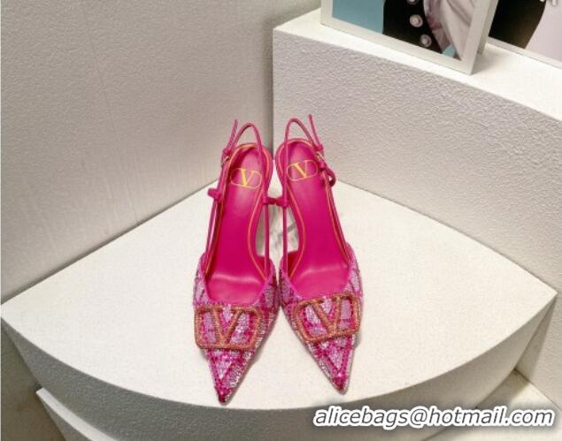 Luxury Valentino VLogo Slingback Pumps 8cm in Toile Iconographe Strass Dark Pink 612047