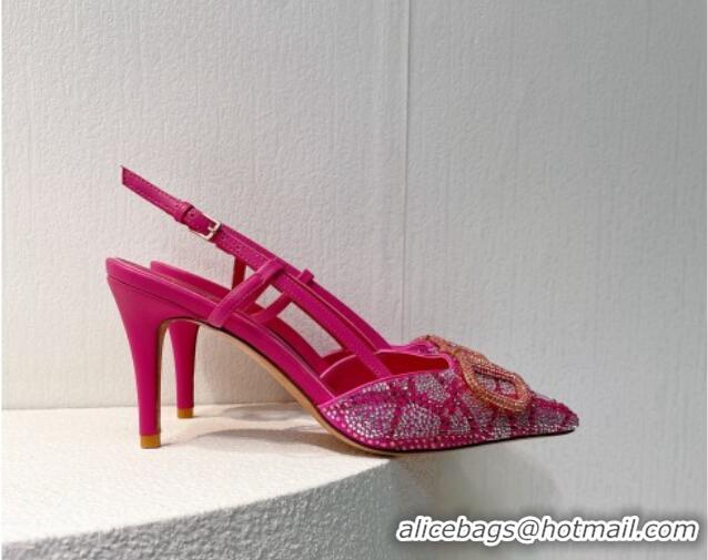 Luxury Valentino VLogo Slingback Pumps 8cm in Toile Iconographe Strass Dark Pink 612047