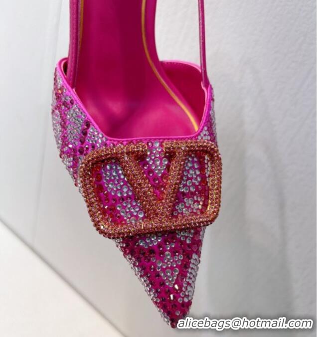 Luxury Valentino VLogo Slingback Pumps 8cm in Toile Iconographe Strass Dark Pink 612047