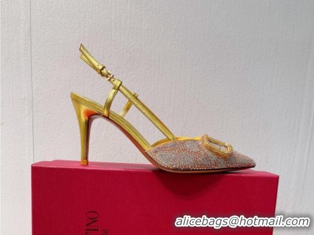 Shop Duplicate Valentino VLogo Slingback Pumps 8cm in Toile Iconographe Strass Gold/Nude 612048