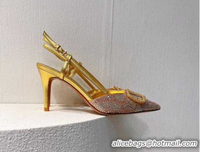 Shop Duplicate Valentino VLogo Slingback Pumps 8cm in Toile Iconographe Strass Gold/Nude 612048