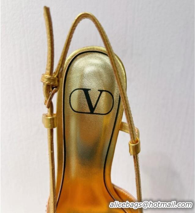 Shop Duplicate Valentino VLogo Slingback Pumps 8cm in Toile Iconographe Strass Gold/Nude 612048