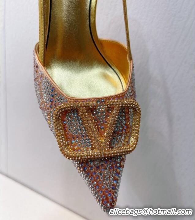 Shop Duplicate Valentino VLogo Slingback Pumps 8cm in Toile Iconographe Strass Gold/Nude 612048