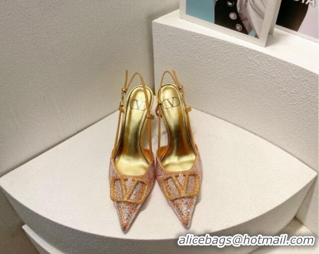 Shop Duplicate Valentino VLogo Slingback Pumps 8cm in Toile Iconographe Strass Gold/Nude 612048