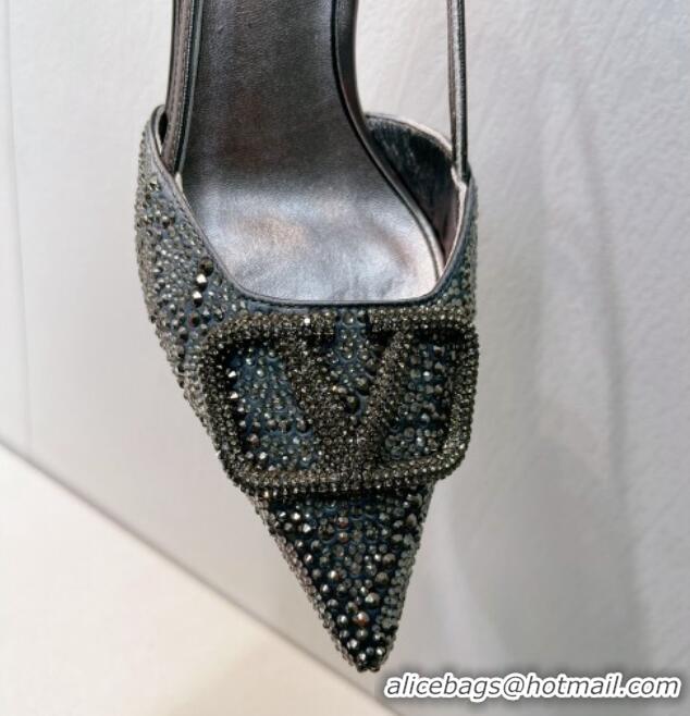 Most Popular Valentino VLogo Slingback Pumps 8cm in Toile Iconographe Strass Dark Grey 612049